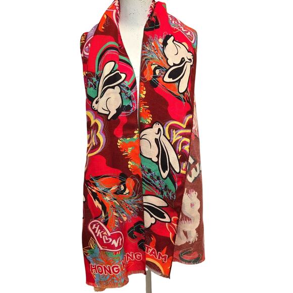 Vivienne Tam Hong Kong Dragon Year of Rabbit Graphic Pop Art Woven Wool Scarf - Picture 2 of 9